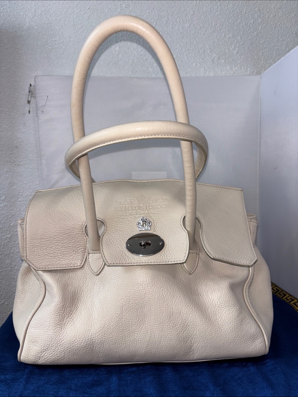 My Flat In London Cream Leather Handbag Travel Tote With Crown Charm